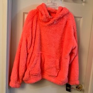 Womens fuzzy sweater with hood /front pocket